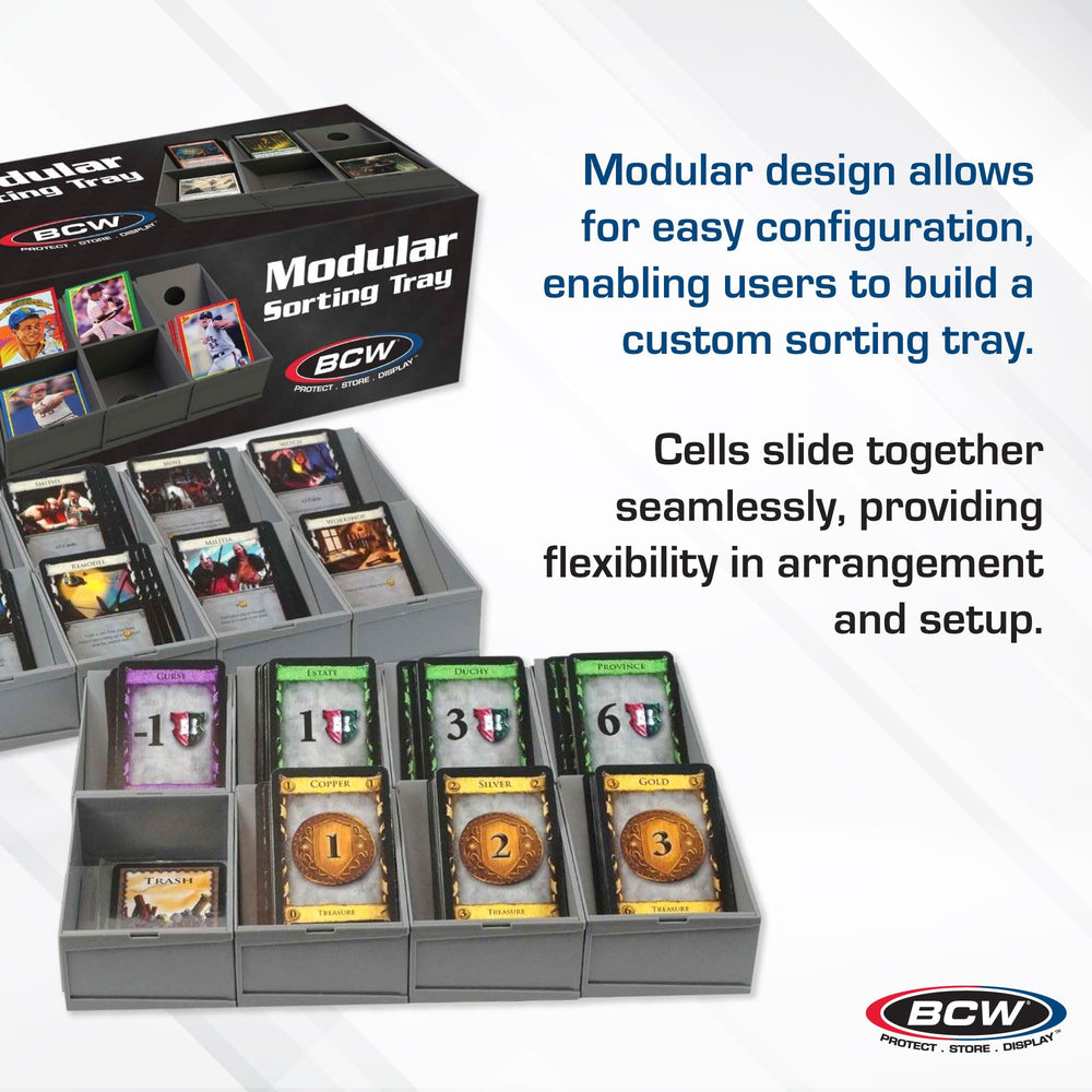 BCW Modular Card Sorting Tray interior cell dimensions for sleeves and toploaders, secure storage.