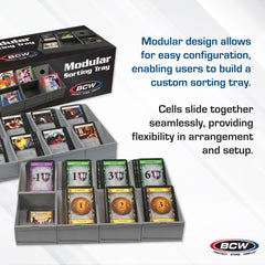 BCW Modular Card Sorting Tray interior cell dimensions for sleeves and toploaders, secure storage.