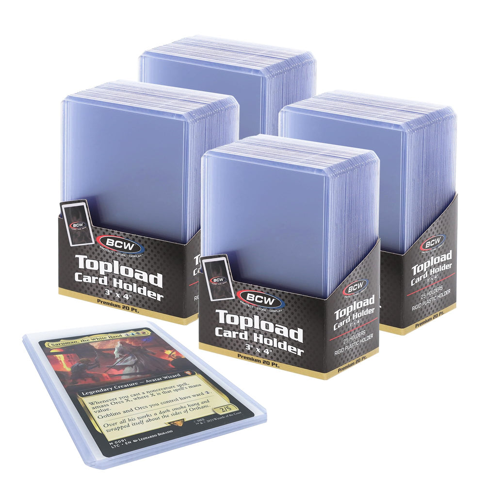 BCW Premium 3x4 Toploaders pack showing bulk card protection and display