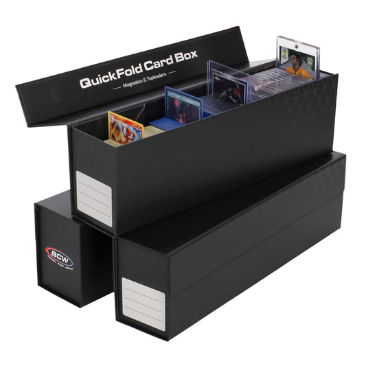 BCW QuickFold magnetic top-loader box assembly shows tool-free setup for organized storage.