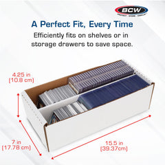 BCW Shoe Storage Card Box front view lists exterior and interior dimensions for a snug fit