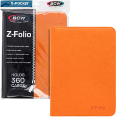 BCW Z-Folio LX orange album showing the 9-pocket layout for organized trading cards.