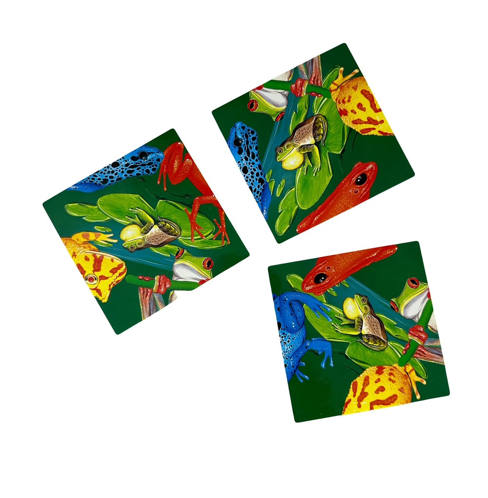 B.Dazzle Scramble Squares Frogs puzzle pieces laid out for a satisfying rearrangement challenge.