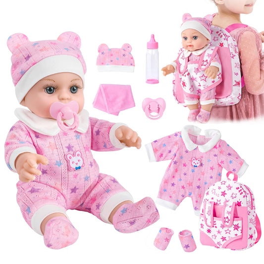 BDDOLL 12 inch baby doll with pink backpack ready for pretend play