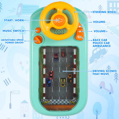 Beacron steering wheel toy with drum buttons for sensory exploration.
