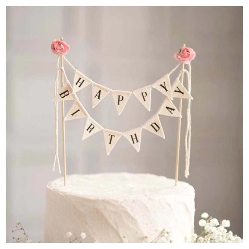 BEAIMUXI Happy Birthday banner with ivory cotton flags and wood poles for elegant cake décor