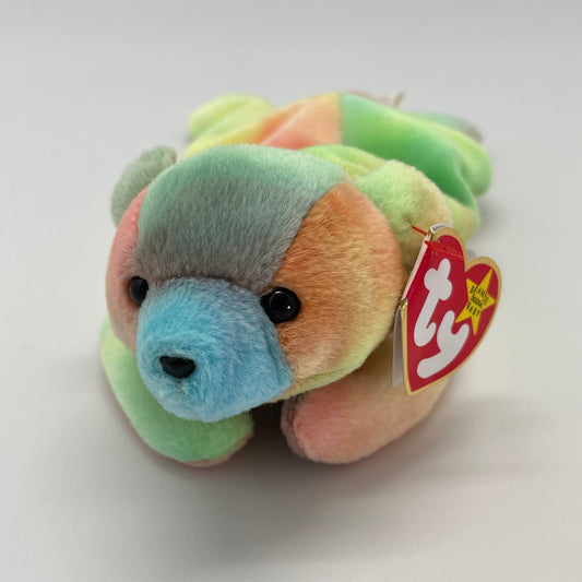Beanie Babies Sammy the Bear front view with vibrant tie-dye fabric, ideal for display.