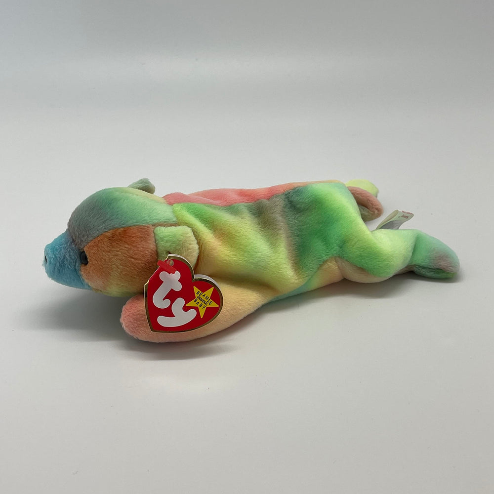 Beanie Babies Sammy the Bear side view highlights soft plush and unique pattern.