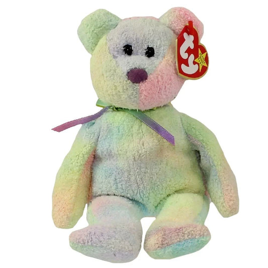 Beanie Babies TY Groovy Bear face detail, rainbow plush for nostalgic display.