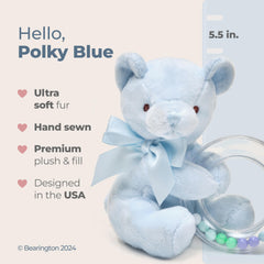 Polky Blue plush teddy bear shaker closeup highlights colorful beads and gentle rattle.