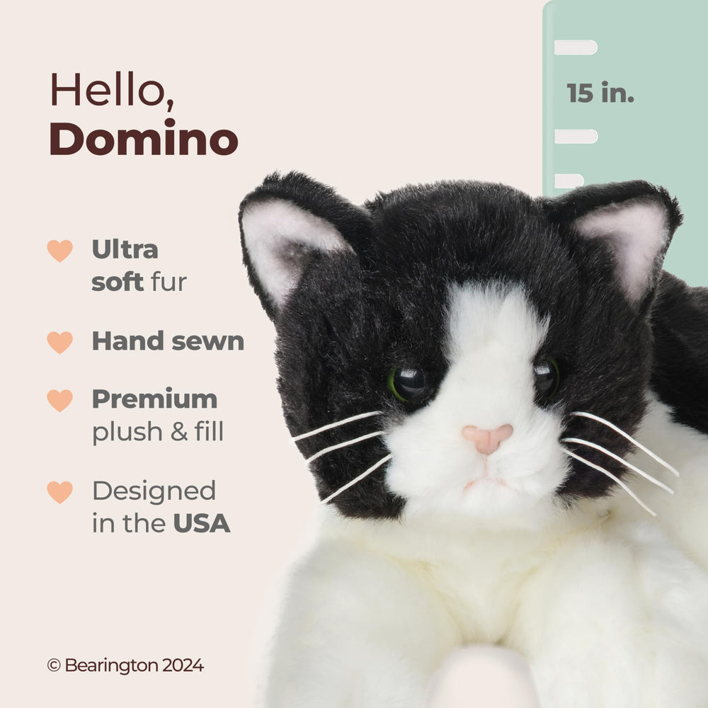 Bearington Domino cat stuffed animal full body view with tuxedo pattern ideal for cozy display and cuddling.