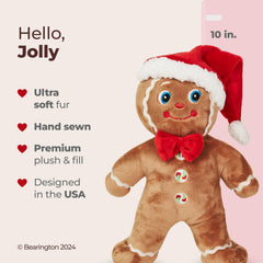 Bearington Jolly Gingerbread plush with bow tie stands upright for display