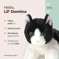 Bearington Lil' Domino tuxedo cat plush side view in compact 8-inch size for travel hugs.