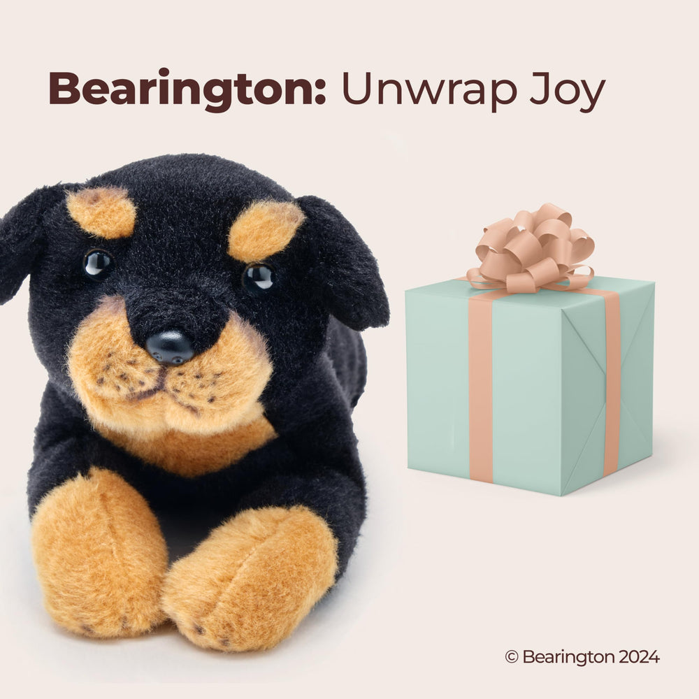 Bearington Lil' Gunner rottweiler plush displayed as adorable nursery decor.