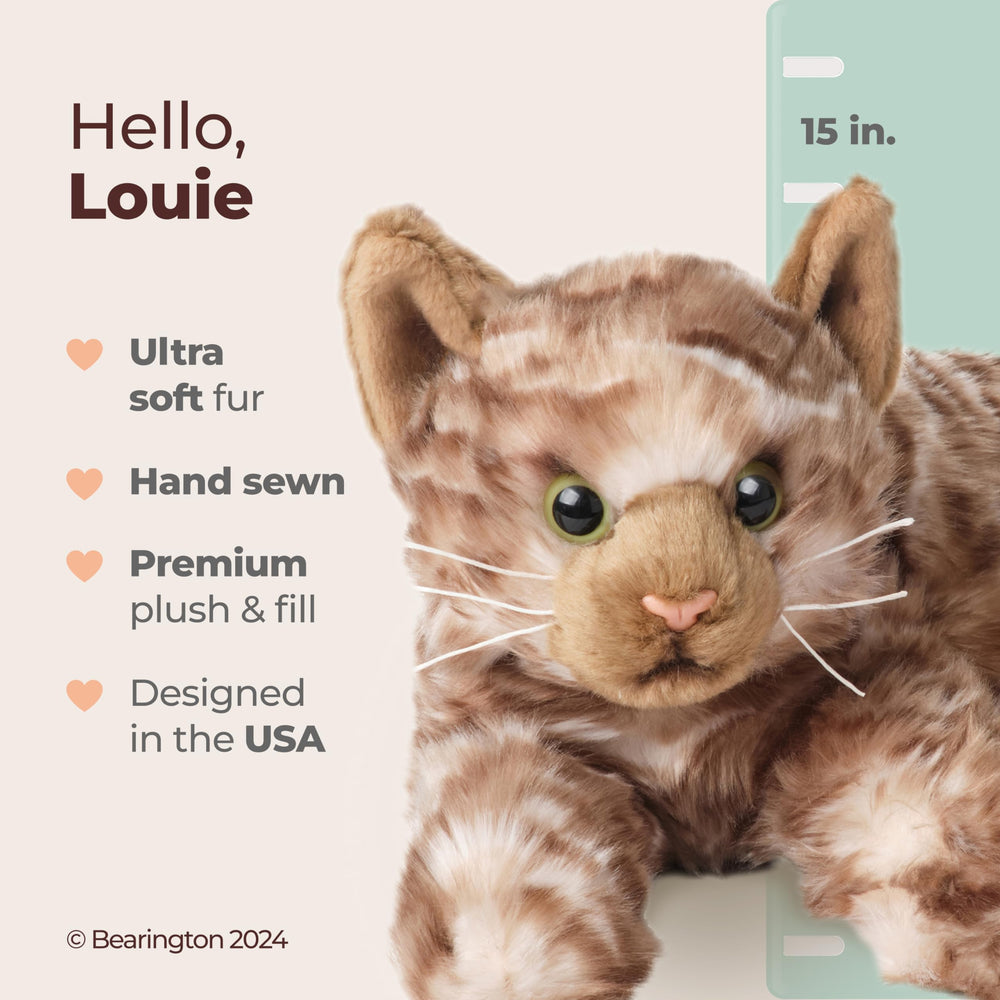 Bearington Louie eyes and whiskers showcase delicate craftsmanship for snuggly play.