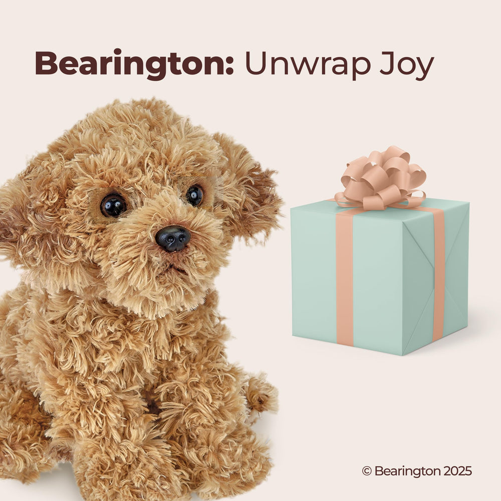 Child holding Bearington Lovely Doodles plush for gentle playtime.