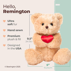 Close-up of Remington's stitching and friendly face.