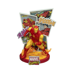 Beast Kingdom Iron Man D-Stage figurine with comic backdrop for display collection.
