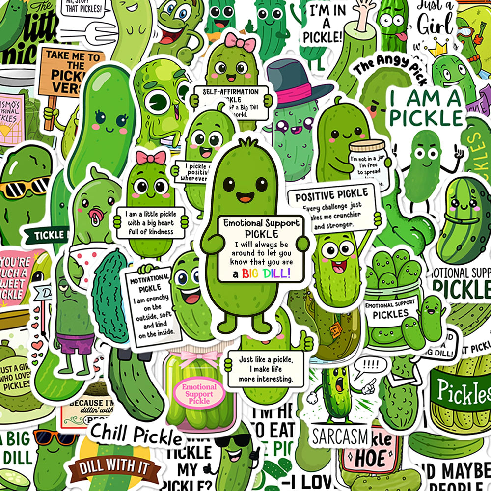 Beatri Pickle Stickers pack cover displays 50 unique designs for versatile gear personalization
