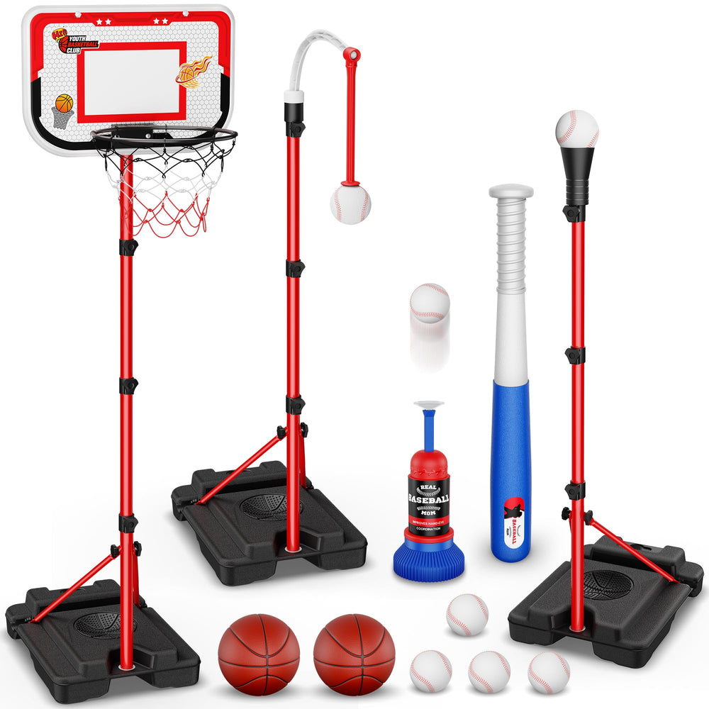 Beauwow 4-in-1 basketball hoop and T Ball set ready for indoor or outdoor play