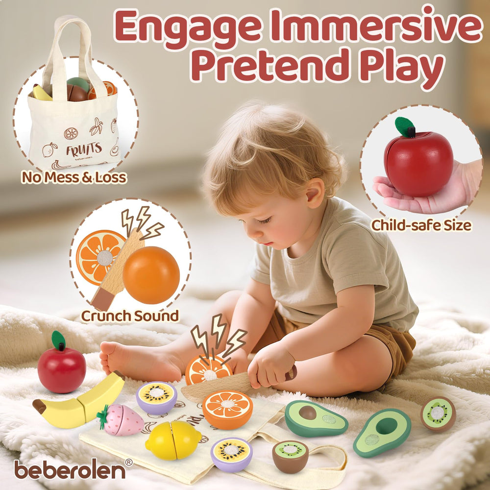 Beberolen wooden kiwi cutting toy encourages creativity in kids' play kitchens.