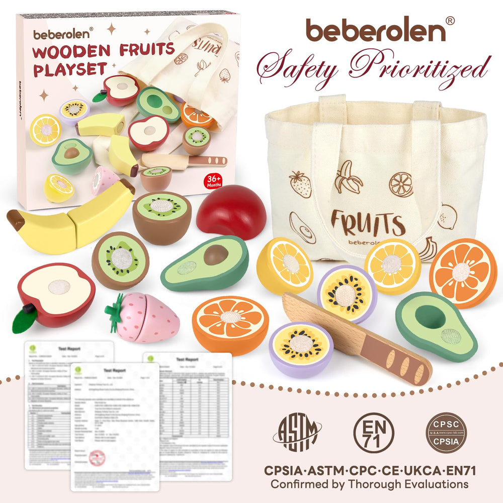 Beberolen wooden strawberry cutting toy offers colorful, safe slicing for role play.