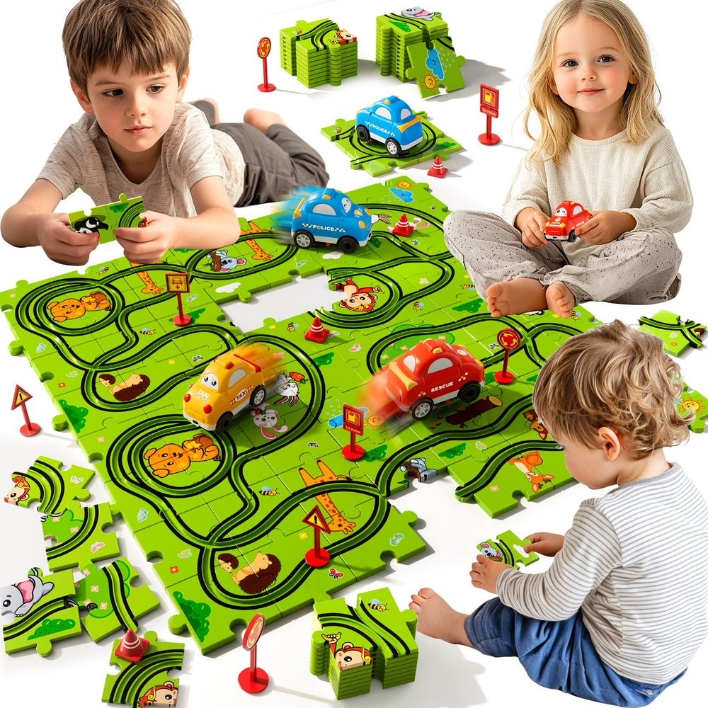 Beby Buty 64 piece puzzle track car set on the floor for interactive play