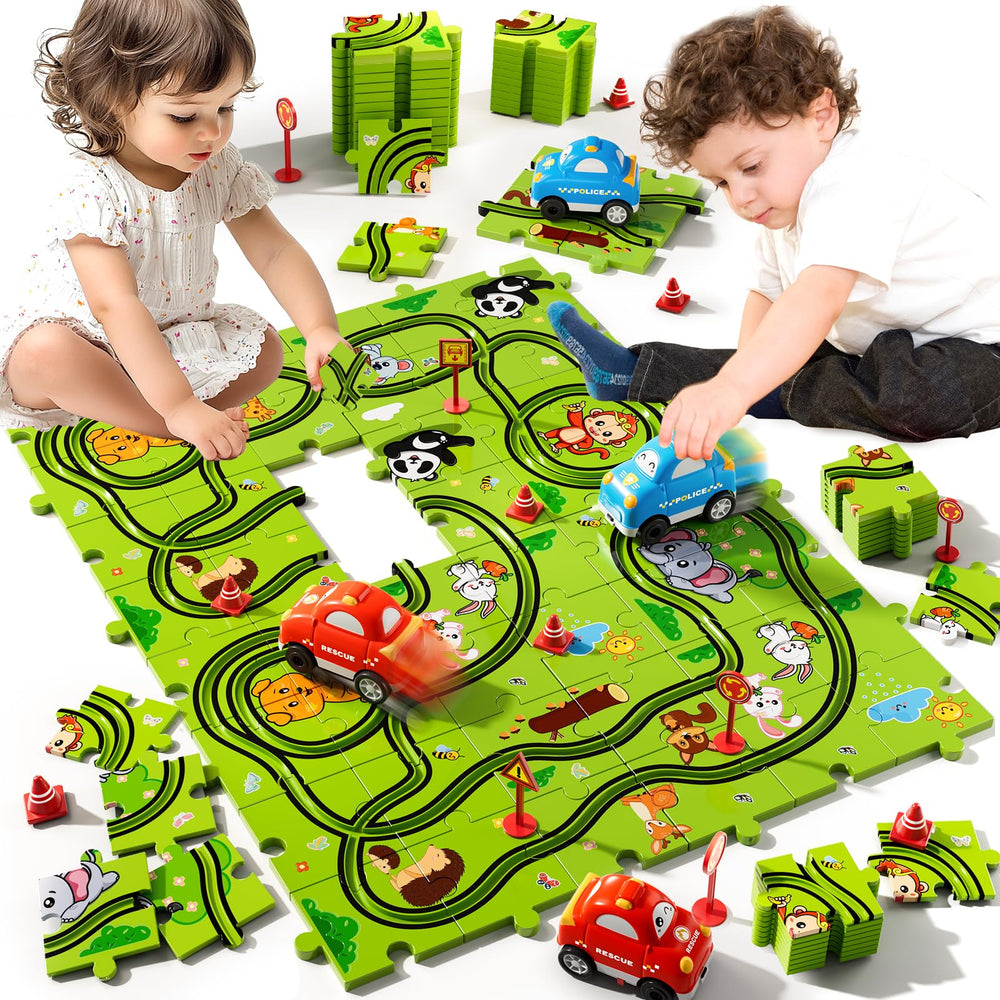 Beby Buty puzzle track car set pieces enable open-ended racetrack creativity.