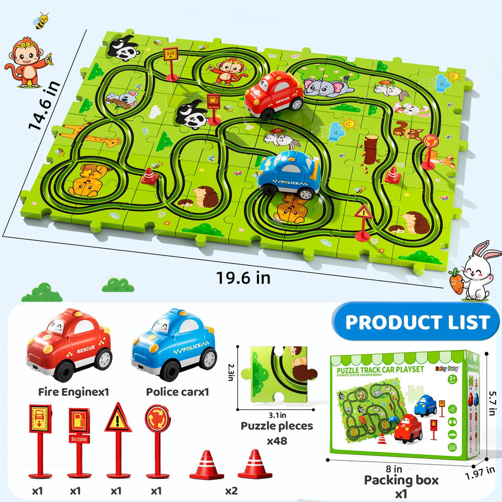 Beby Buty puzzle track car set includes red and blue cars for lively play.
