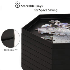 Becko US black puzzle trays arranged for color-based sorting during sessions.