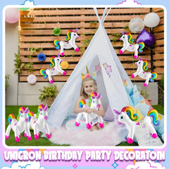 Bedwina unicorn with rainbow mane serves as bright pool party centerpiece.