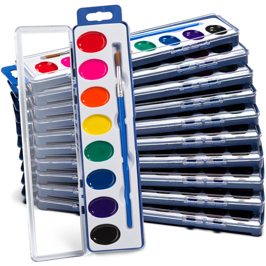 Bedwina watercolor sets 12-pack with palette tray for classroom painting.