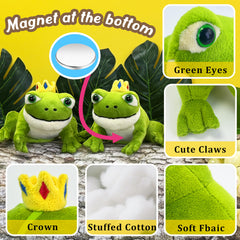 Beeadore frog plush attaches to clothing with a magnet for easy shoulder display.