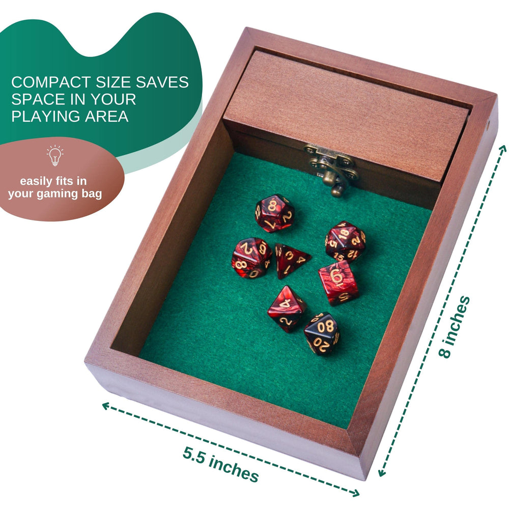 Wooden D&D Dice Tray with green felt base reduces noise while protecting surfaces.
