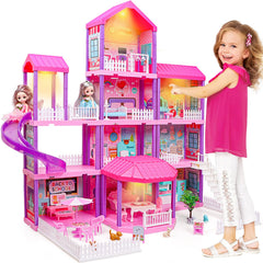 Beefunni doll house exterior with four stories inviting imaginative play.