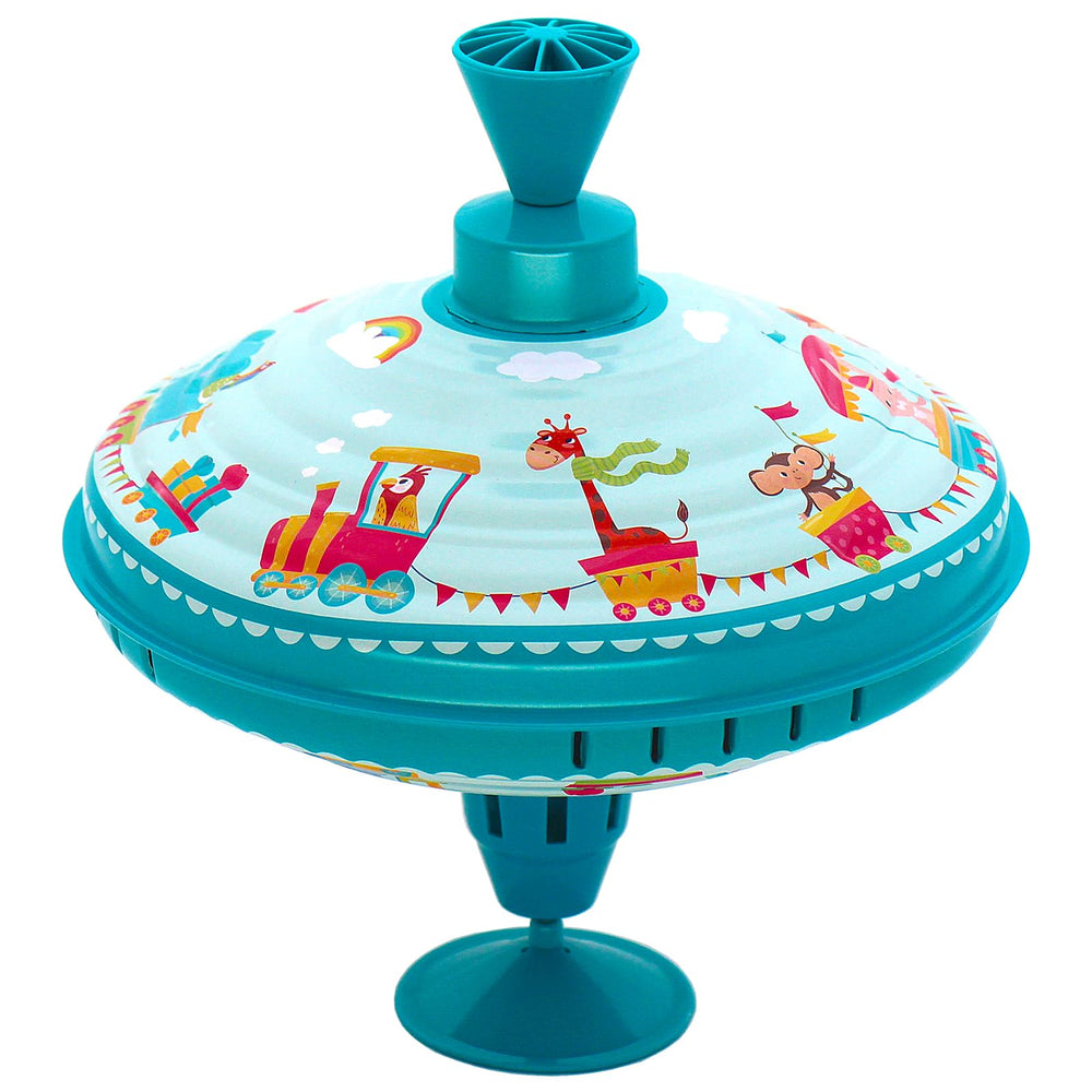 Beeqoo Humming Top base on varied surfaces for gentle, engaging play.