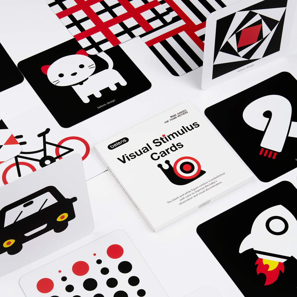 Beiens high-contrast flashcards in black and white for clear visual focus and gentle stimulation.