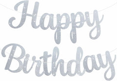 Beishida silver glitter birthday banner, pre-strung for effortless decorating.