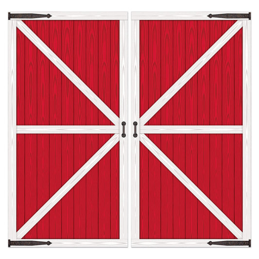 Beistle Barn Door Props assembled, creating a rustic doorway backdrop for parties.