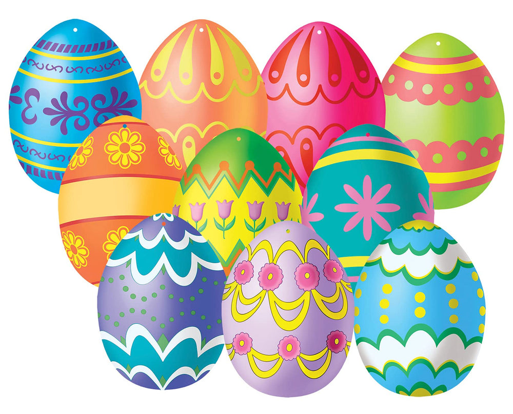 Beistle mini Easter egg cutouts decorate walls and windows with colorful dual-sided designs.