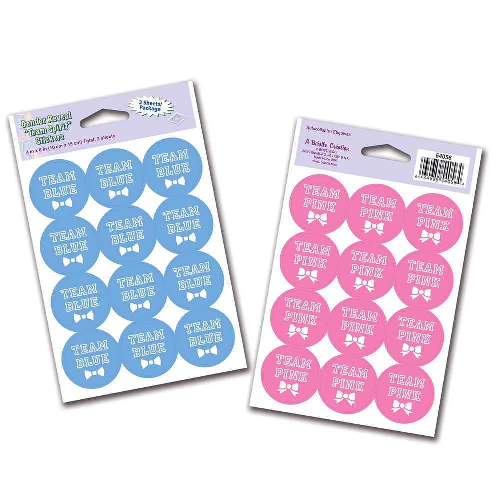 Beistle Team Blue stickers on a 4x6 sheet for gender reveal party