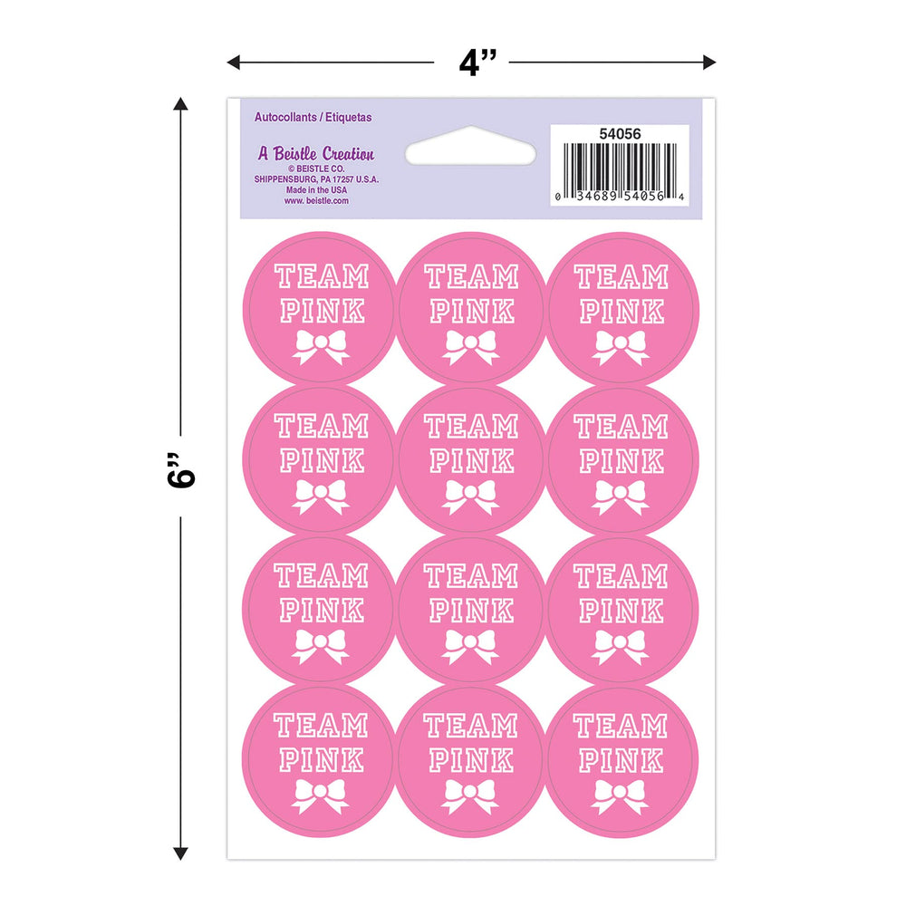 Beistle Team Pink stickers on a 4x6 sheet for gender reveal