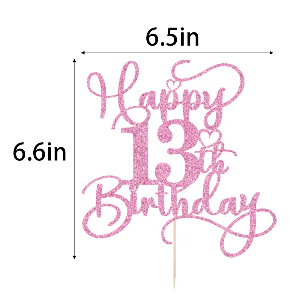 Bejotaa Pink Happy 13th Birthday cake topper side view highlights glitter detail