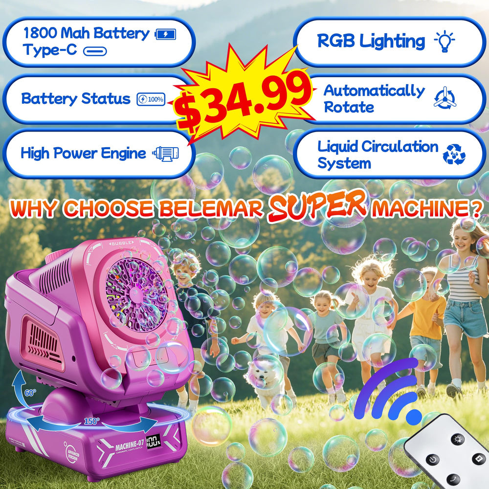 Belemar bubble machine with auto-rotation delivering wider bubble coverage for events.