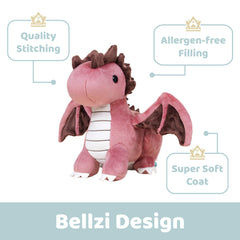 Bellzi Fire Dragon plush, back view, durable design for rough-and-tumble play.