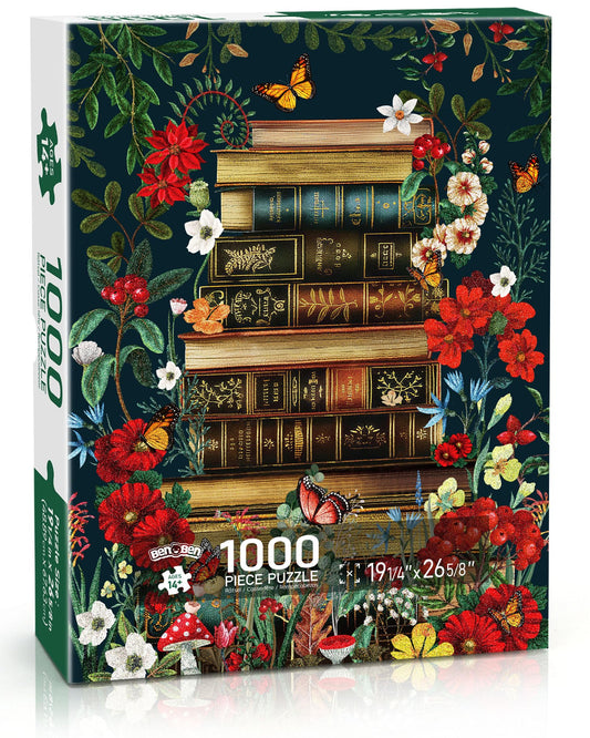 BenBen puzzle featuring vintage books and wildflowers, ideal for relaxing evenings.