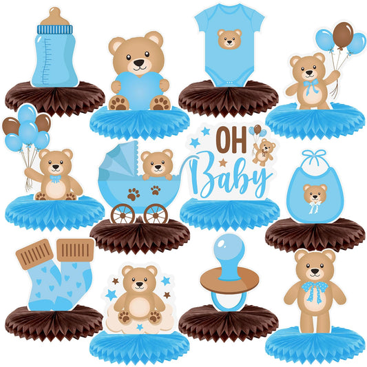 Bencailor bear honeycomb centerpiece with baby bottle in blue for warm baby shower decor