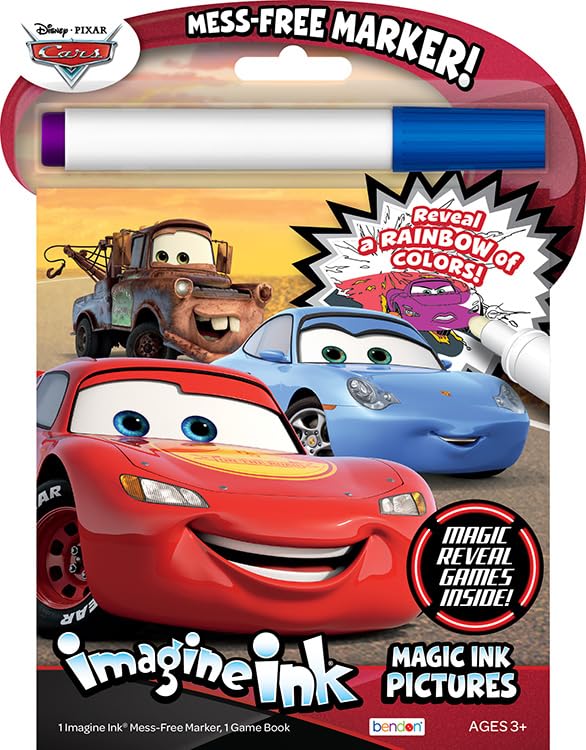 Bendon Cars Imagine Ink cover featuring Lightning McQueen for mess-free coloring.