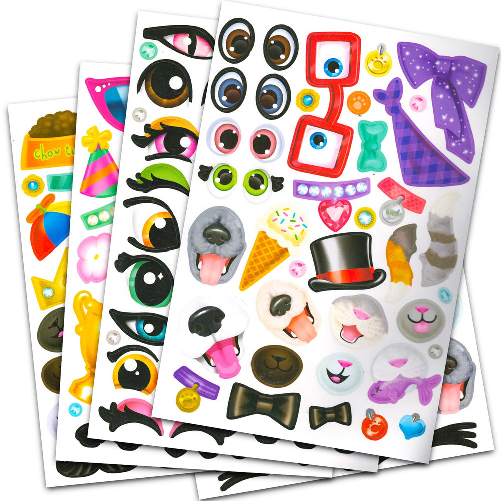 Bendon cat and dog face pages, perfect for kids to design expressive stickers on car rides.