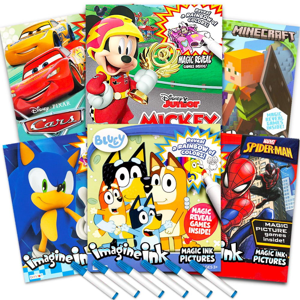 Bendon Imagine Ink boys bundle cover shows six licensed characters for mess-free coloring.